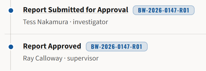The case history: report submitted for approval by Tess Nakamura, investigator; report approved by Ray Calloway, supervisor