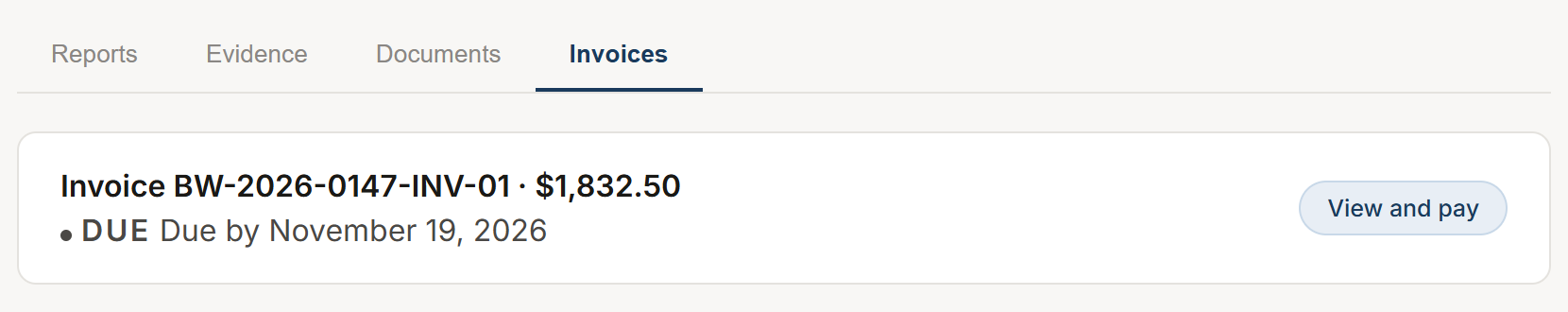 The client's portal: the invoice, $1,832.50, due by November 19, 2026, with a View and pay button