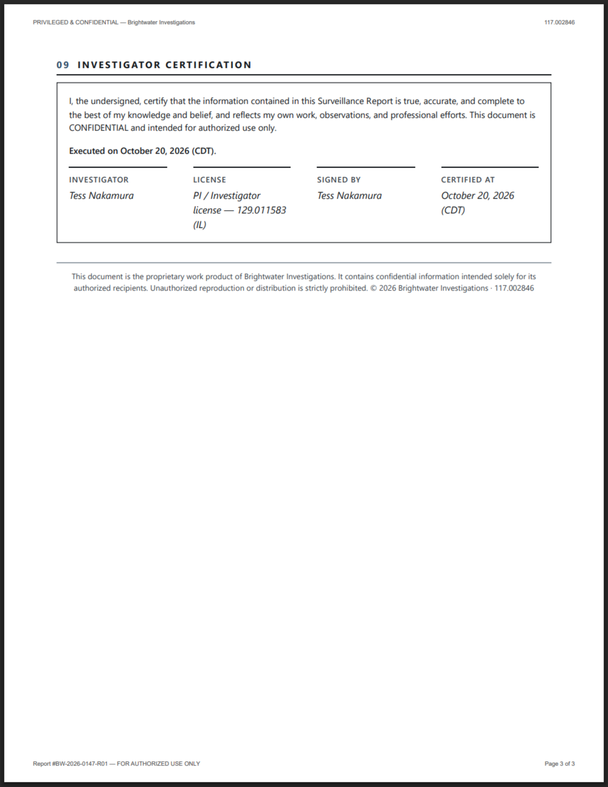 The report's signed investigator certification page