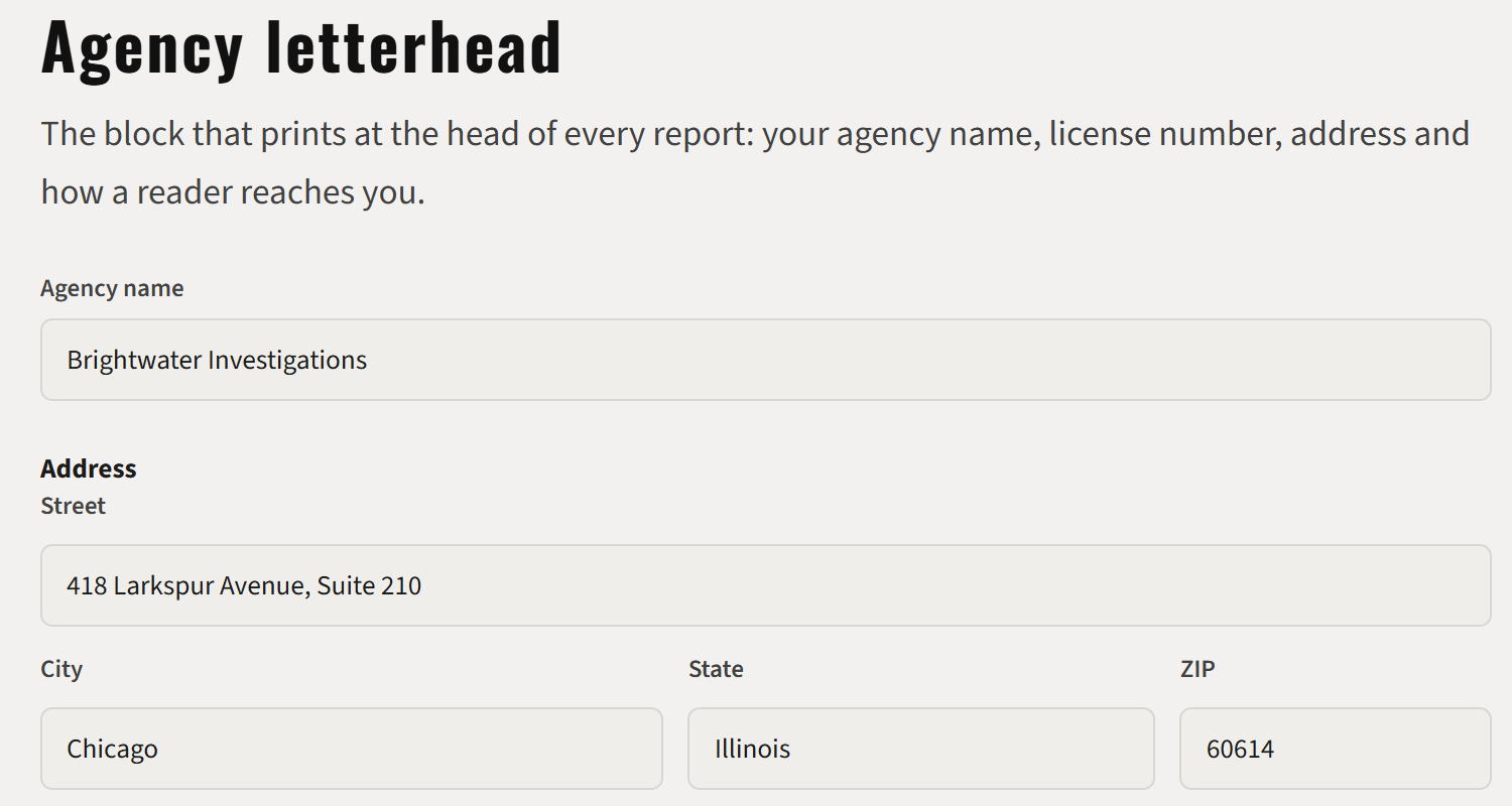 The setup screen for an agency's letterhead, filled in with the agency name and address